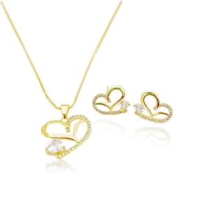 Conjunto Colar E Brincos Coração Vazado Banhado A Ouro 18k