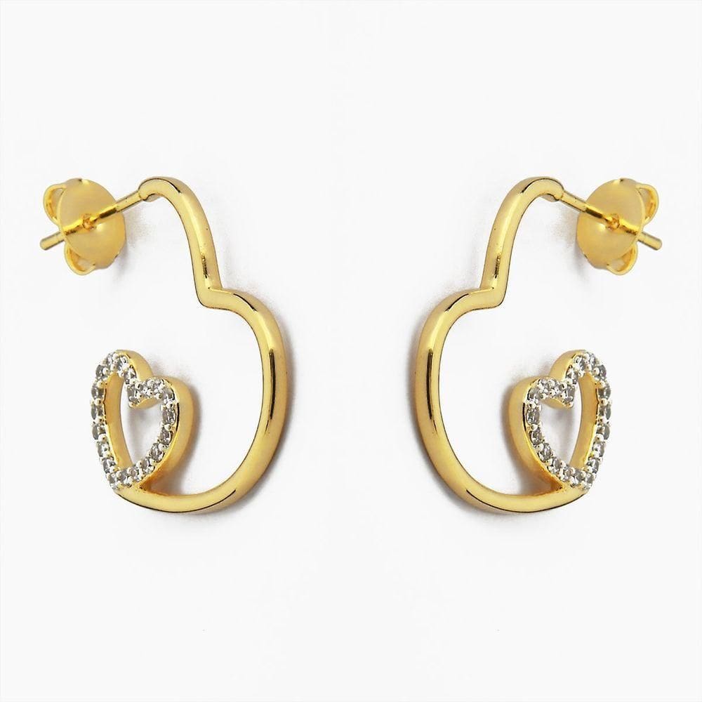 Brinco De Argola Com Coração Cravejado Com Zircônias Banhado A Ouro 18k