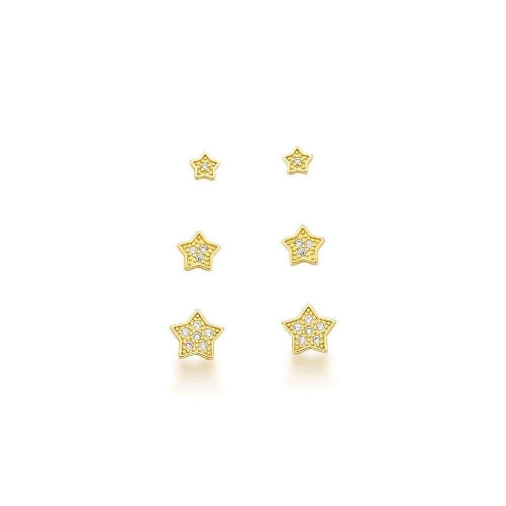 Kit Trio De Brincos Estrelas Banhadas A Ouro 18k
