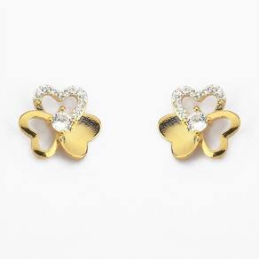 Brinco Flor Com Duas Pétalas Vazadas E Detalhe Em Zircônia Banhado A Ouro 18k
