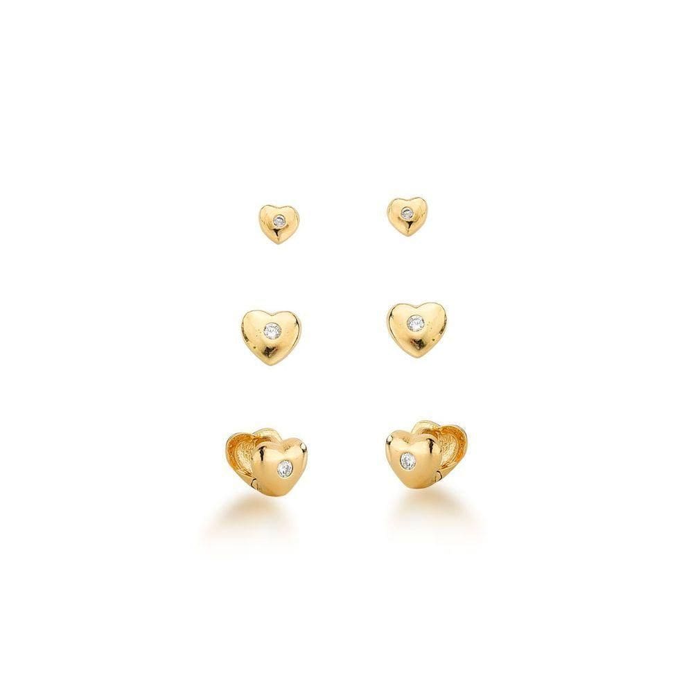 Trio De Brincos Corações Com Ponto De Luz Banhado A Ouro 18k