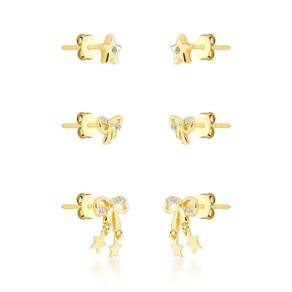 Trio De Brincos Laços Delicados Banhado A Ouro 18k