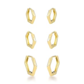 Trio De Brincos Argola Sextavadas Banhadas A Ouro 18k
