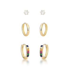 Trio De Brincos Premium - Ouro 18k Banhado, Pedras De Zircônia E Detalhes Coloridos