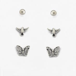 Trio Brincos Borboleta E Espirito Santo Cravejado Com Zircônias Prata 925