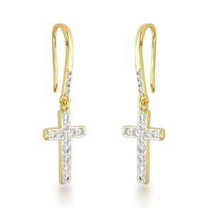 Brincos Com Gancho E Cruz De Zircônias Cristais Banhados A Ouro 18k