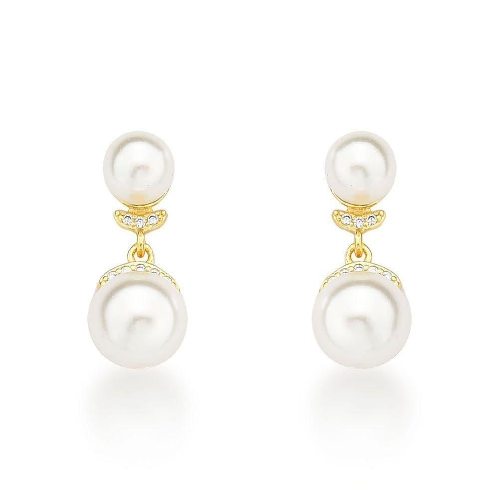 Brinco Charmoso Duas Perolas Sinteticas Banhado A Ouro 18k
