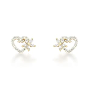 Brinco Coração Cravejado Com Flor Banhado A Ouro 18k
