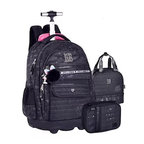 Kit Mochila de Rodinhas Escolar Rebecca Bonbon Lancheira e Estojo Preto