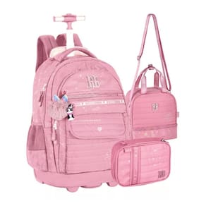 Kit Mochila de Rodinhas Escolar Rebecca Bonbon Lancheira e Estojo Rosa