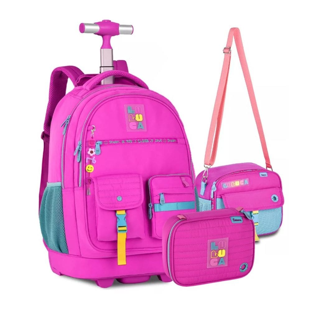 Kit Mochila Luluca Rodinha Carrinho Lancheira Estojo Rosa