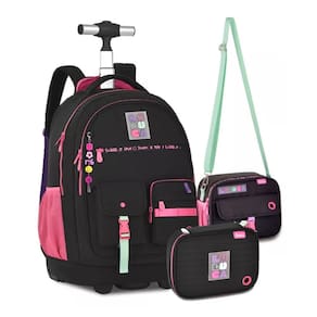 Kit Mochila Luluca Rodinha Carrinho Lancheira Estojo Preto