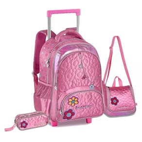 Kit Mochila de Rodinhas Princesas Sweet Queen Lancheira e Estojo Rosa