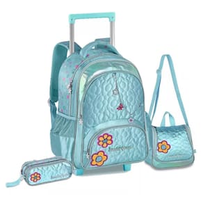 Kit Mochila de Rodinhas Princesas Sweet Queen Lancheira e Estojo Azul