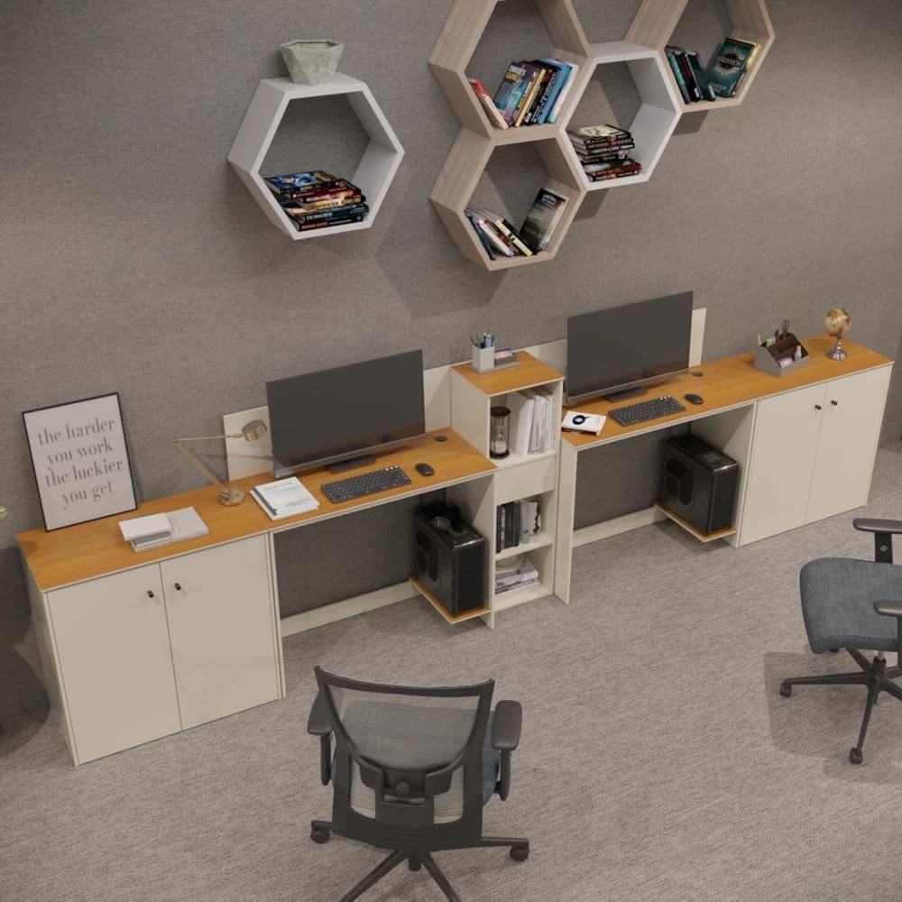 Conjunto de Escritório Smart 1 Livreiro 2 Buffet e 2 Mesas 90cm