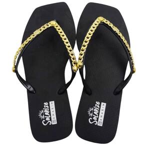 Chinelo de Dedo Feminino Casual Dia a Dia Passeio Praia Bico Quadrado com Aplique de Corrente Ramarim Solarize 1251