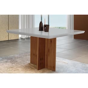 Mesa De Sala Jantar + Tampo Madeirado Vidro Curvo 90x90cm Off White/imbuia Ripado-vidro Off White