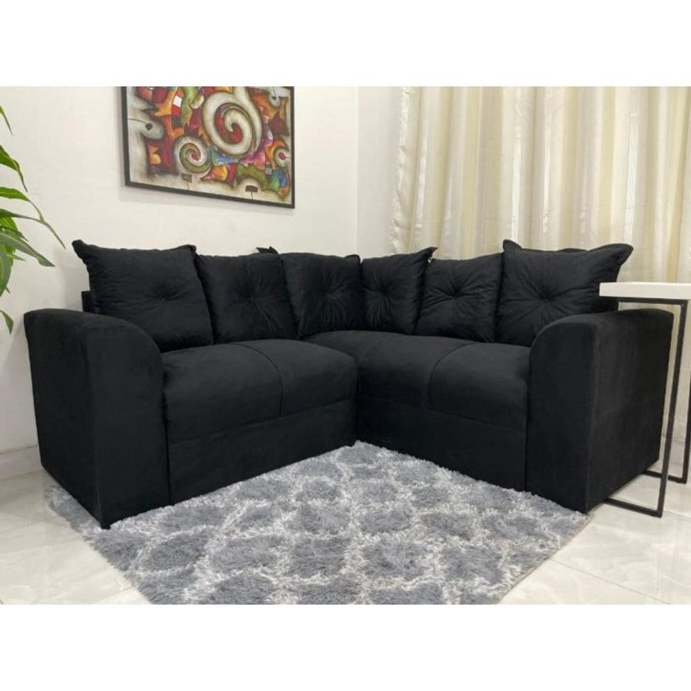 Sofá de Canto Preto Almofadas Lisas
