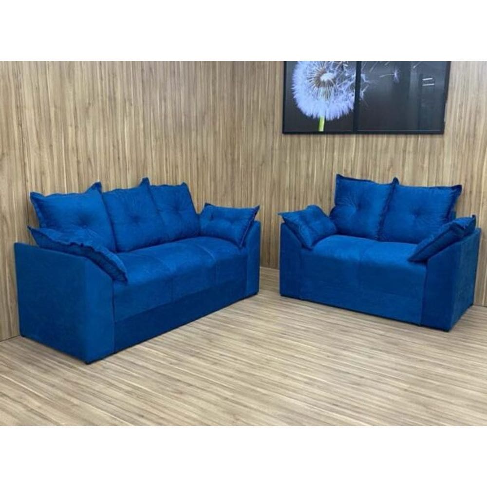 Jogo de Sofá de 2 e 3 Lugares Braços com Almofada Azul Caneta