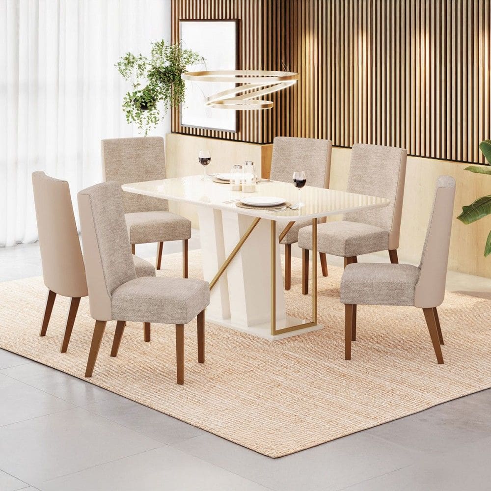 Mesa de Jantar 8 Lugares Andy com Vidro Creme/Natural/Off White- Henn