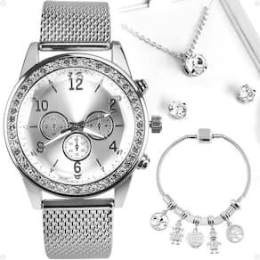 Relogio Feminino Aço Strass Pandora Brincos Colar