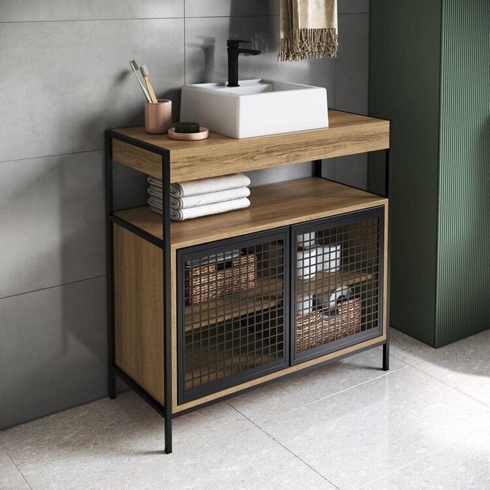 Gabinete de Banheiro Industrial de Chão 80cm P1038 com Cuba Ametista Preto/Mel