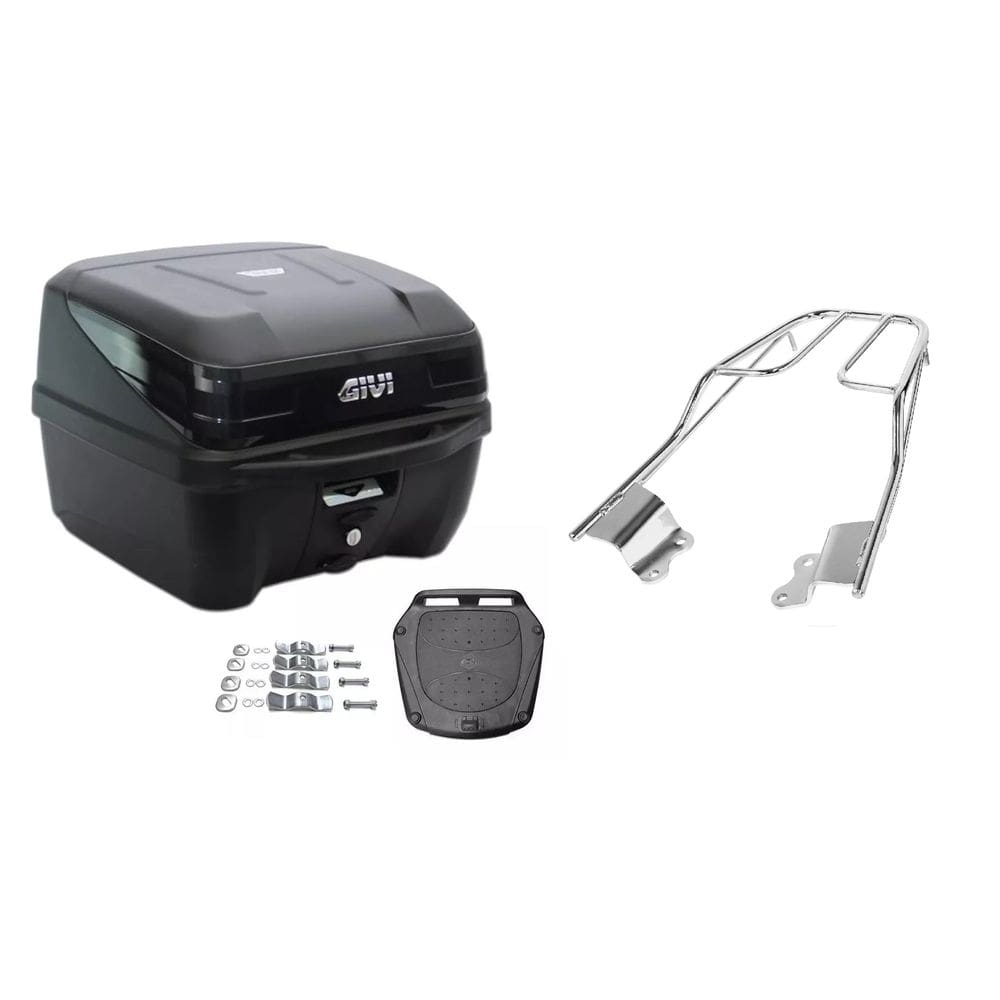 KIT BAÚ GIVI MOTO TRAFFIC III 33L + BAGAGEIRO CROMADO Fazer Factor 150 2015 2016 2017 2018 PROJÉTIL