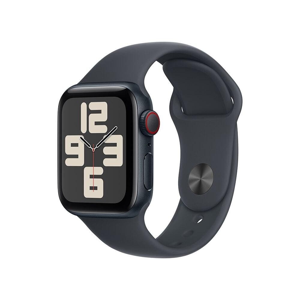 Apple Watch SE GPS + Cellular • Caixa meia-noite de alumínio – 40 mm • Pulseira esportiva meia-noite – P/M