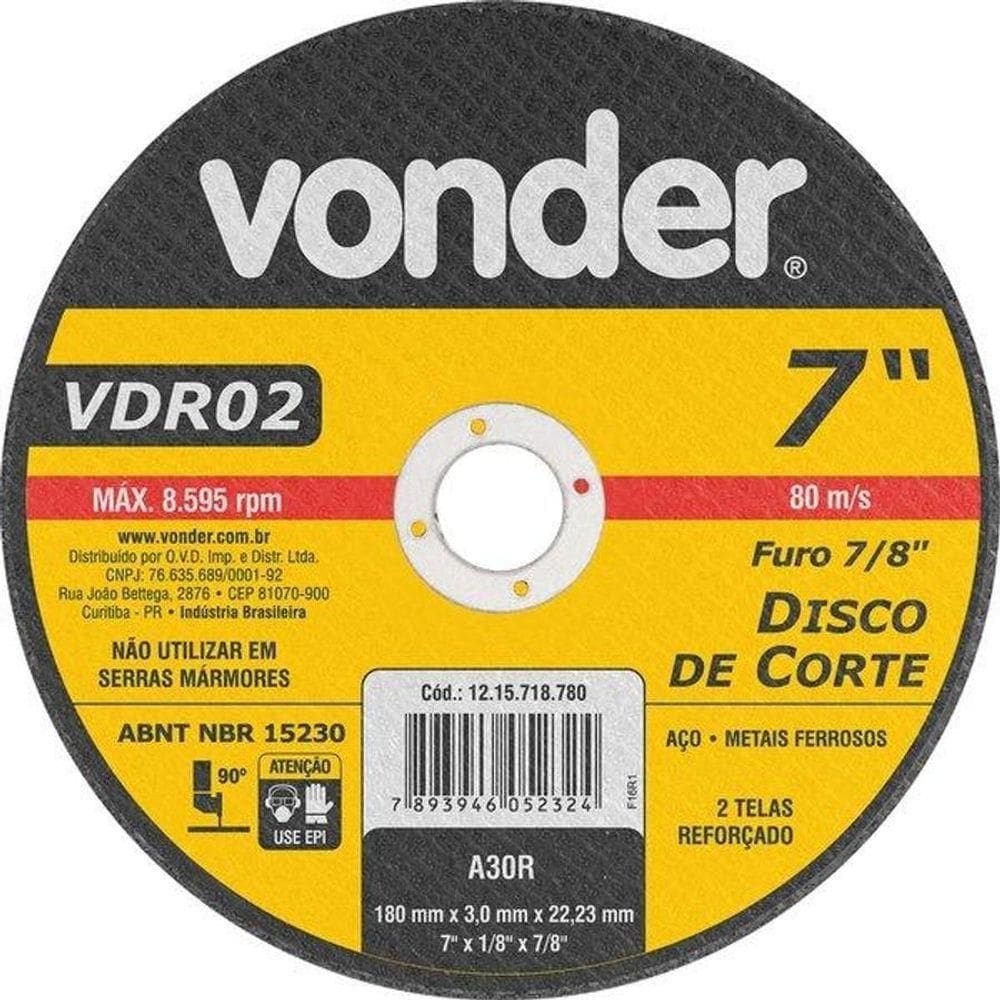 Disco De Corte Vdr02 180 X 22,23 X 3,2mm Para Aços- Metais - Vonder
