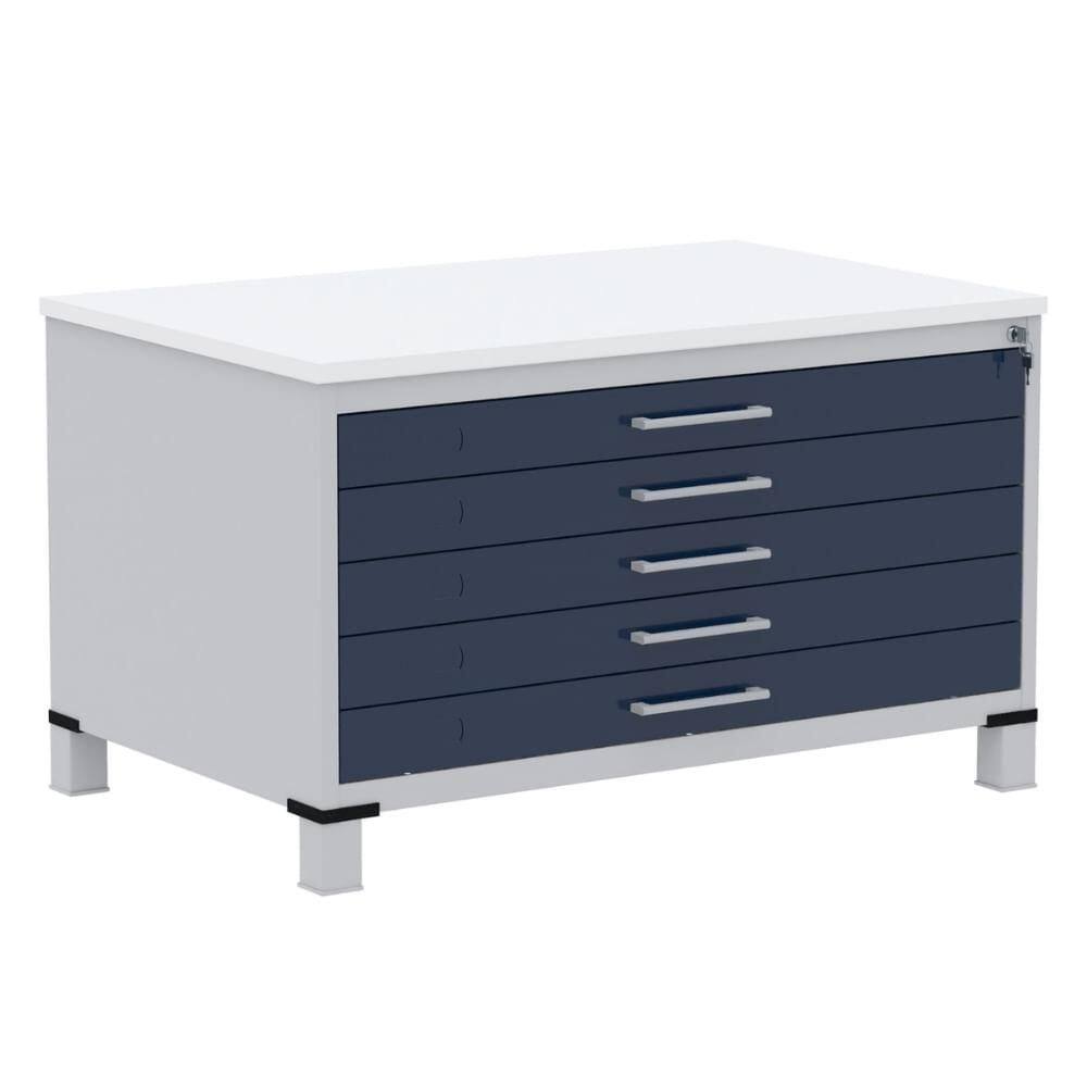 Mapoteca 5 Gavetas Pandin 120 cm (Larg) Inmetro Tampo MDP Branco Estrutura Aço Cinza Gavetas Azul