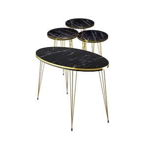 Conjunto de Mesa de Centro 4 Peças - Mármore Preto com Dourado