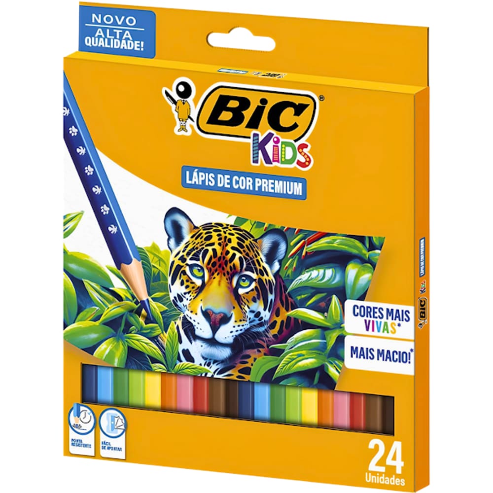 Lápis de Cor Sextavado Kids Madeira Resistente 24 Cores Bic