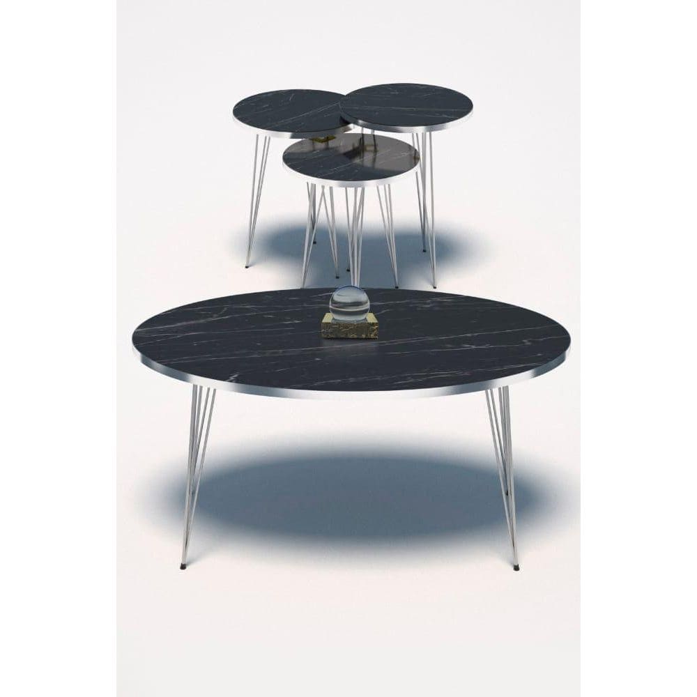 Conjunto de Mesa de Centro 4 Peças - Mármore Preto com Prata