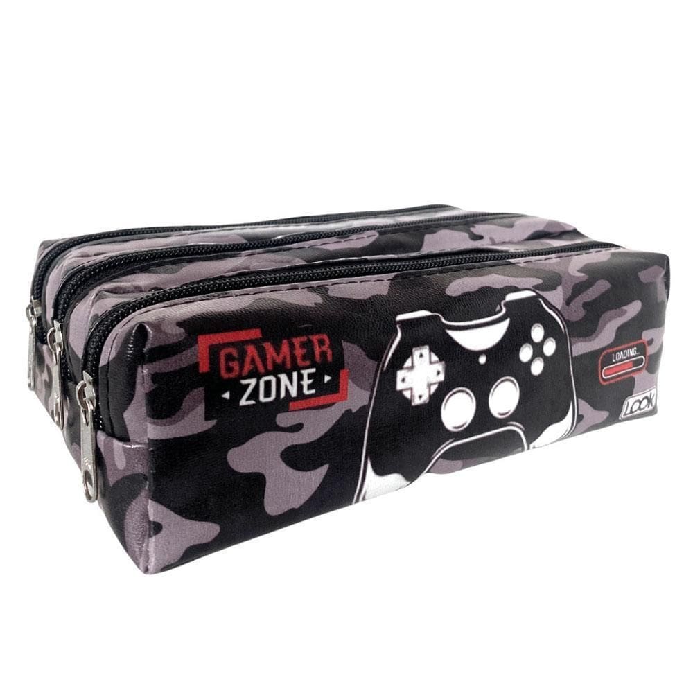 Estojo Escolar Três Divisória Gamer Zone Preto Look