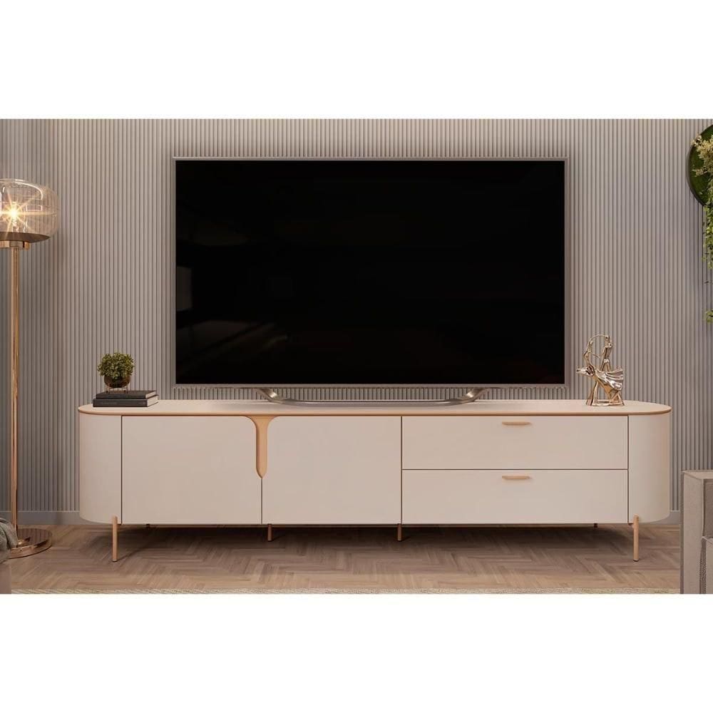 Rack Bancada Para Tv Até 75 Pol Celine 100% Mdf Com Pés 241x57cm Off White-off White - Dj Móveis