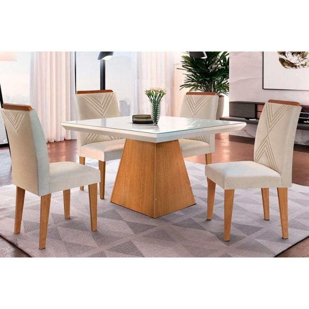 Sala De Jantar Completa Luna C- Tampo Madeirado Vidro Canto Curvo 90x90cm E 4 Cadeiras Amsterdã Imbuia-off White - Suede Creme - Rufato
