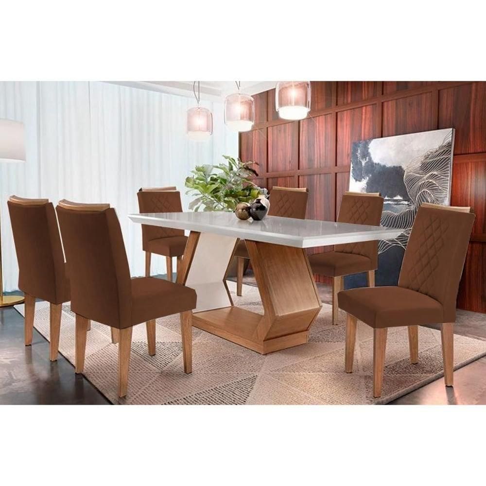 Sala De Jantar Completa Alvorada Tampo Madeirado C- Vidro Canto Reto 180x90cm E 6 Cadeiras Jade Imbuia-off White - Suede Marrom - Rufato
