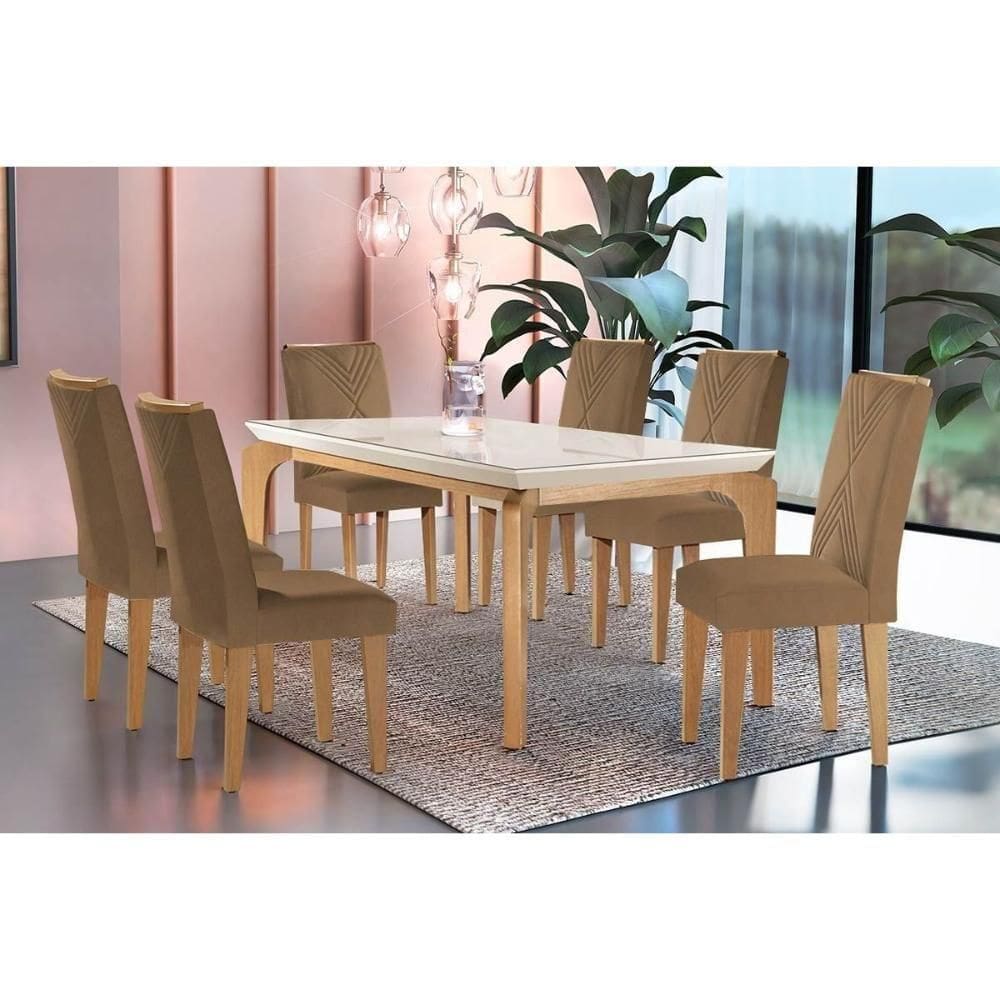 Sala De Jantar Completa Londrina C- Tampo Madeirado Vidro Canto Curvo 180x90cm E 6 Cadeiras Amsterdã Imbuia-off White - Suede Capuccino - Rufato
