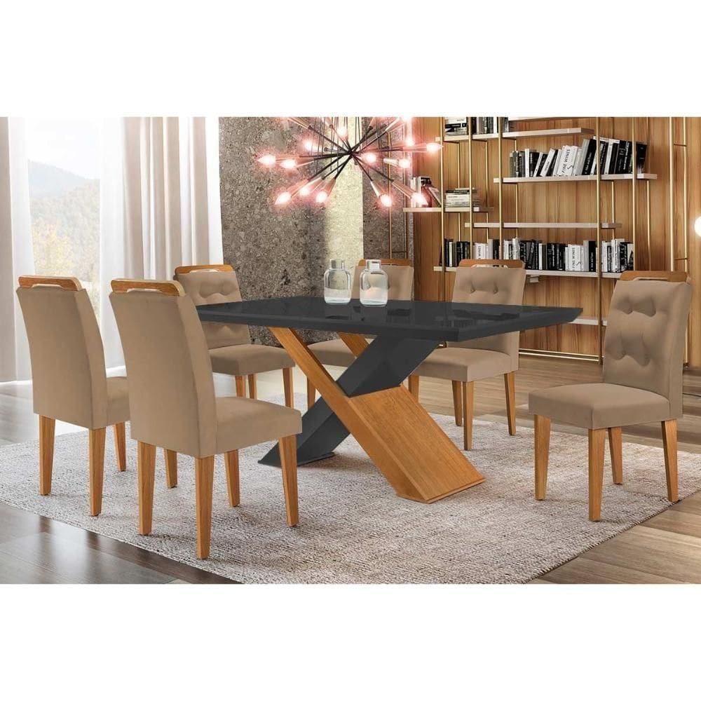 Sala De Jantar Completa Imperatriz Tampo Madeirado C- Vidro Curvo 180x90 E 6 Cadeiras Imperatriz Imbuia-grafite - Suede Capuccino - Rufato