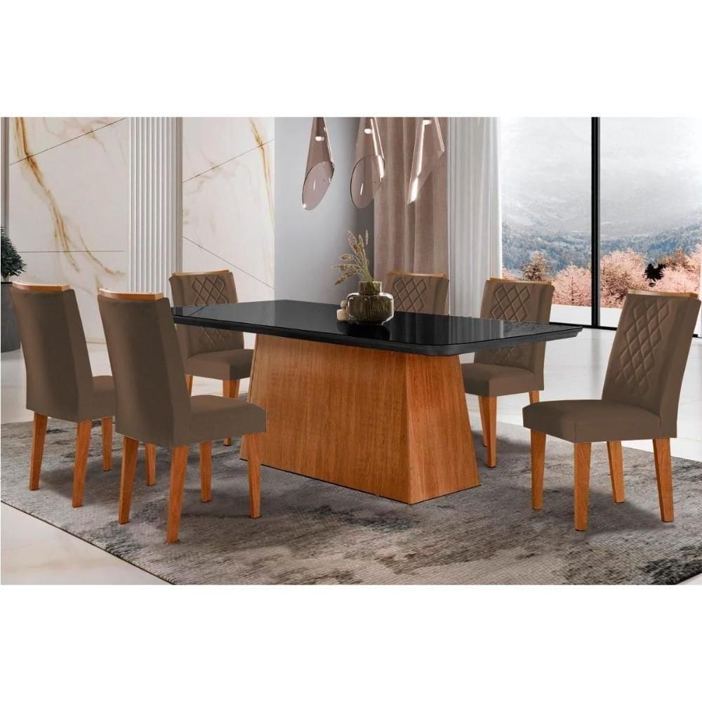 Sala De Jantar Completa Luna C- Tampo Vidro Canto Curvo 180x90cm E 6 Cadeiras Jade Imbuia-grafite - Suede Marrom - Rufato