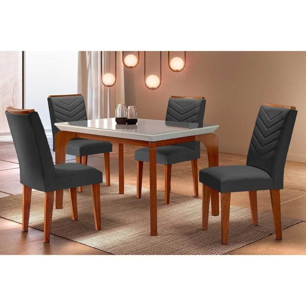 Sala De Jantar Completa Londrina Tampo Madeirado C- Vidro Reto 120x80 E 4 Cadeiras Londrina Imbuia - Veludo Grafite - Rufato