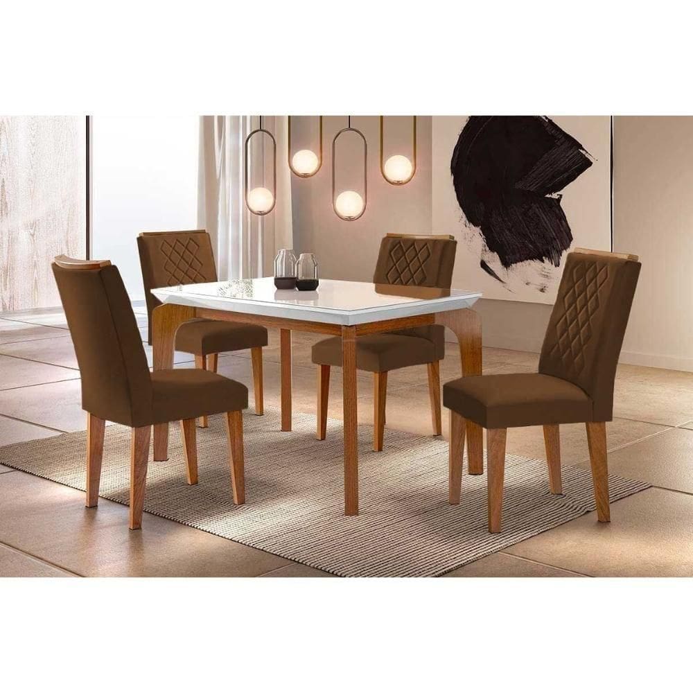 Sala De Jantar Completa Londrina C- Tampo Madeirado Vidro Canto Reto 120x80cm E 4 Cadeiras Jade Imbuia-off White - Veludo Marrom - Rufato