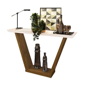 Aparador Sala Estar 136cm Tampo MDF c/ Vidro Lótus Tronco Ripado/Creme D04 - D`Rossi