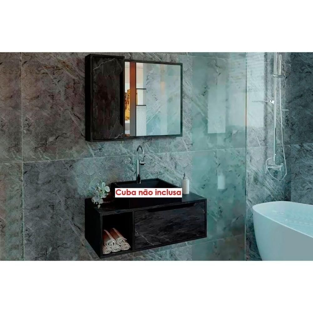 Conjunto De Banheiro Balcão Suspenso Bn3644 E Balcão Com Rodízios Bn3643 80cm E Armário Com Espelho Bn3645 80cm Amêndoa-branco - Tecno Mobili