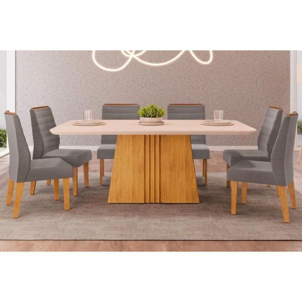 Sala De Jantar Completa Itália Tampo Madeirado C- Vidro Curvo 170x90cm E 6 Cadeiras Ondina Cedro-off White - Suede Lunar - Dj Móveis