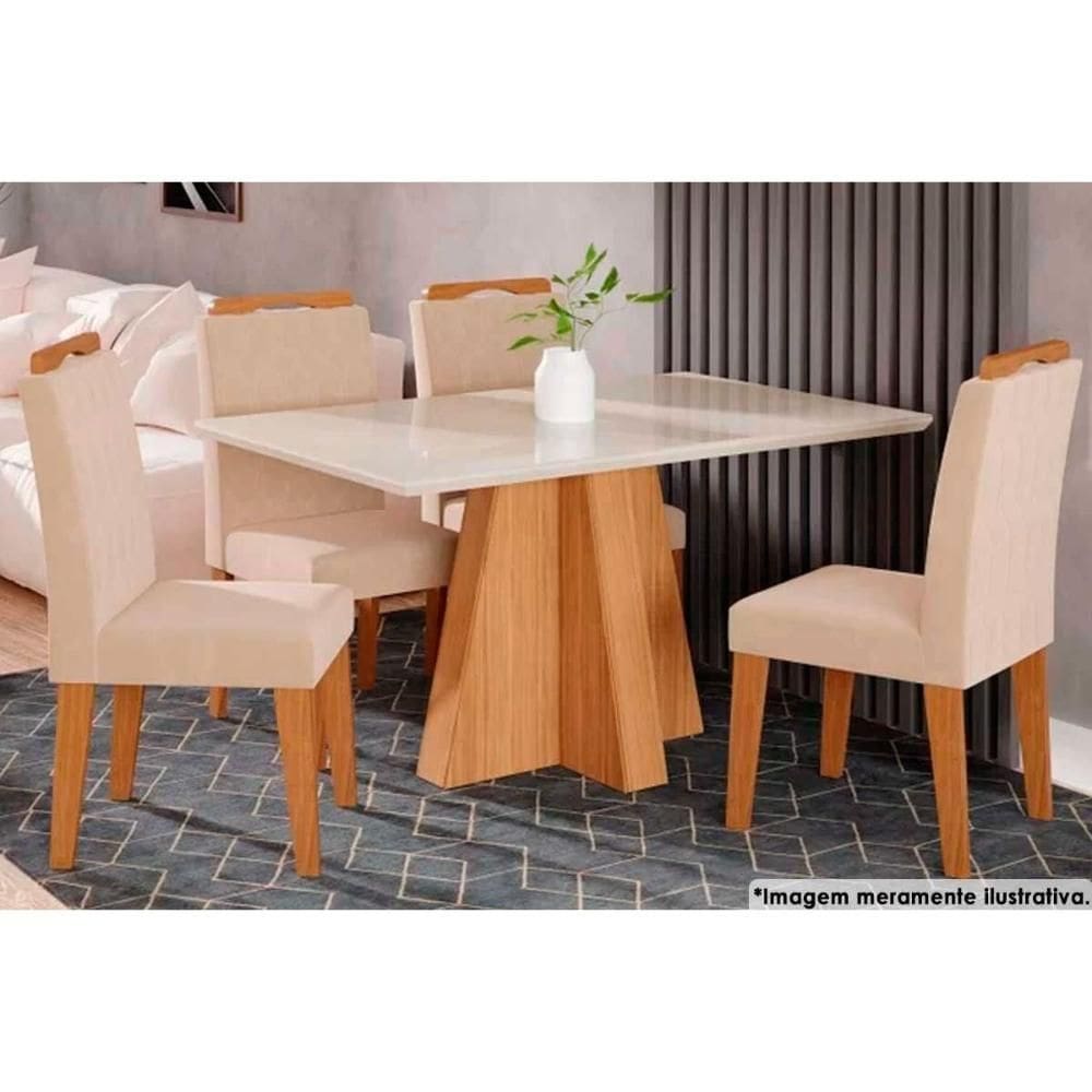 Sala De Jantar Completa Patricia C- Tampo Madeirado C- Vidro Canto Reto 130x80cm E 4 Cadeiras Paola Savana-nature-madeirado-suede Nude Bege - Cimol