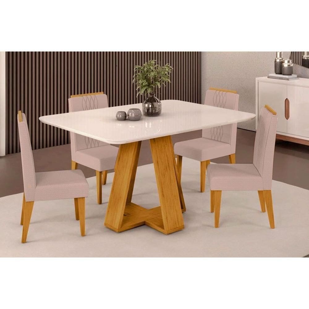 Sala De Jantar Completa Celeste Tampo Madeirado C- Vidro Curvo 120x90cm E 4 Cadeiras Lia Cedro-off White - Suede Kraft - Dj Móveis