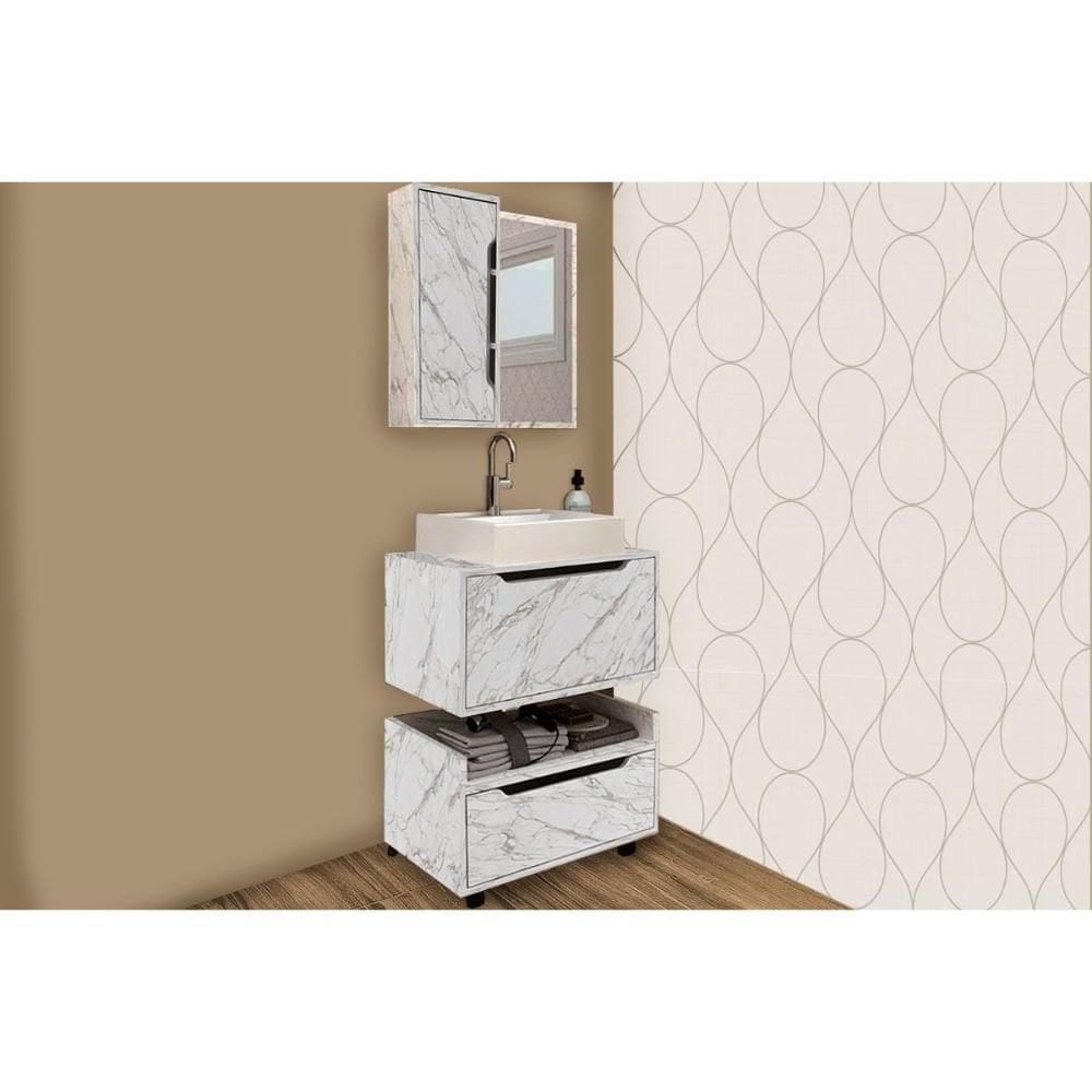 Conjunto De Banheiro Balcão Suspenso Bn3646 E Balcão Com Rodízios Bn3647 60cm E Armário Com Espelho Bn3648 60cm Mármore Branco - Tecno Mobili