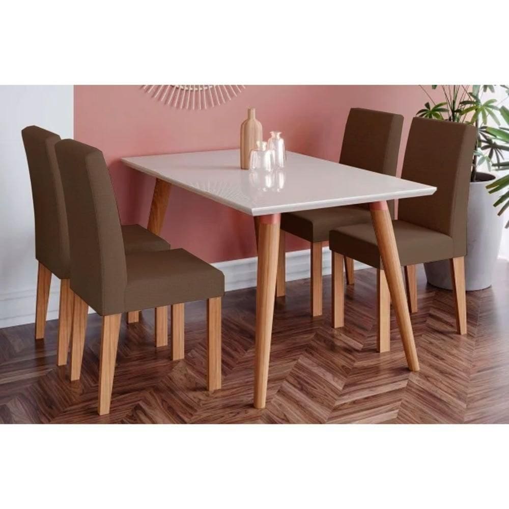 Sala De Jantar Completa Adele Madeira Maciça C- Tampo Madeirado C- Vidro 130x80cm E 4 Cadeiras Maia Nature-suede Mascavo Chocolate - Cimol