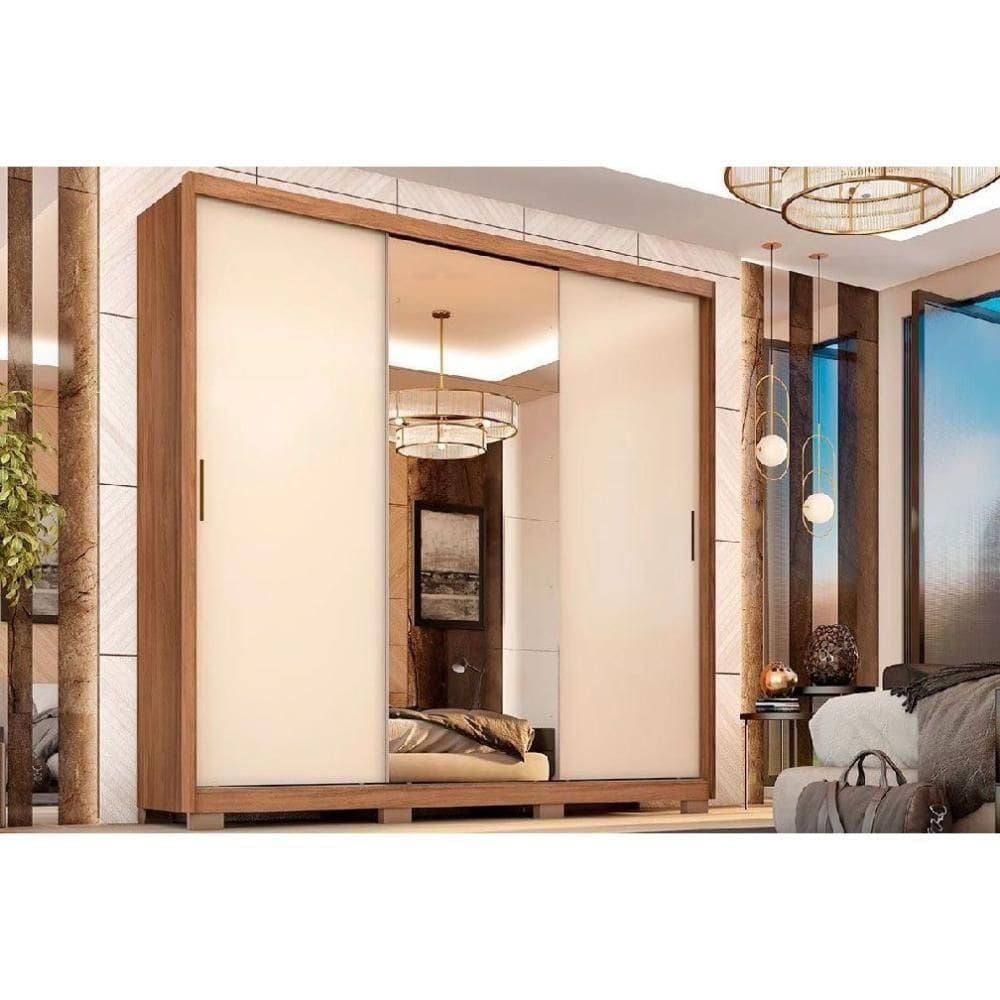 Guarda Roupa Casal 3 Portas De Correr (1 C- Espelho) E 2 Gavetas C- Pés Dalila Flex Amêndola-amêndola Ou Off White